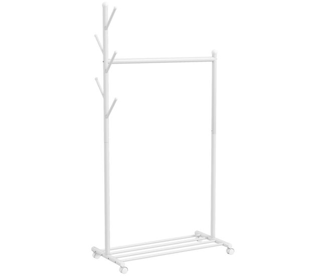Homcom charriot com rodas charriot com 5 ganchos barra para pendurar e prateleira inferior charriot para dormitório lavandaria 86x43x171 cm branco