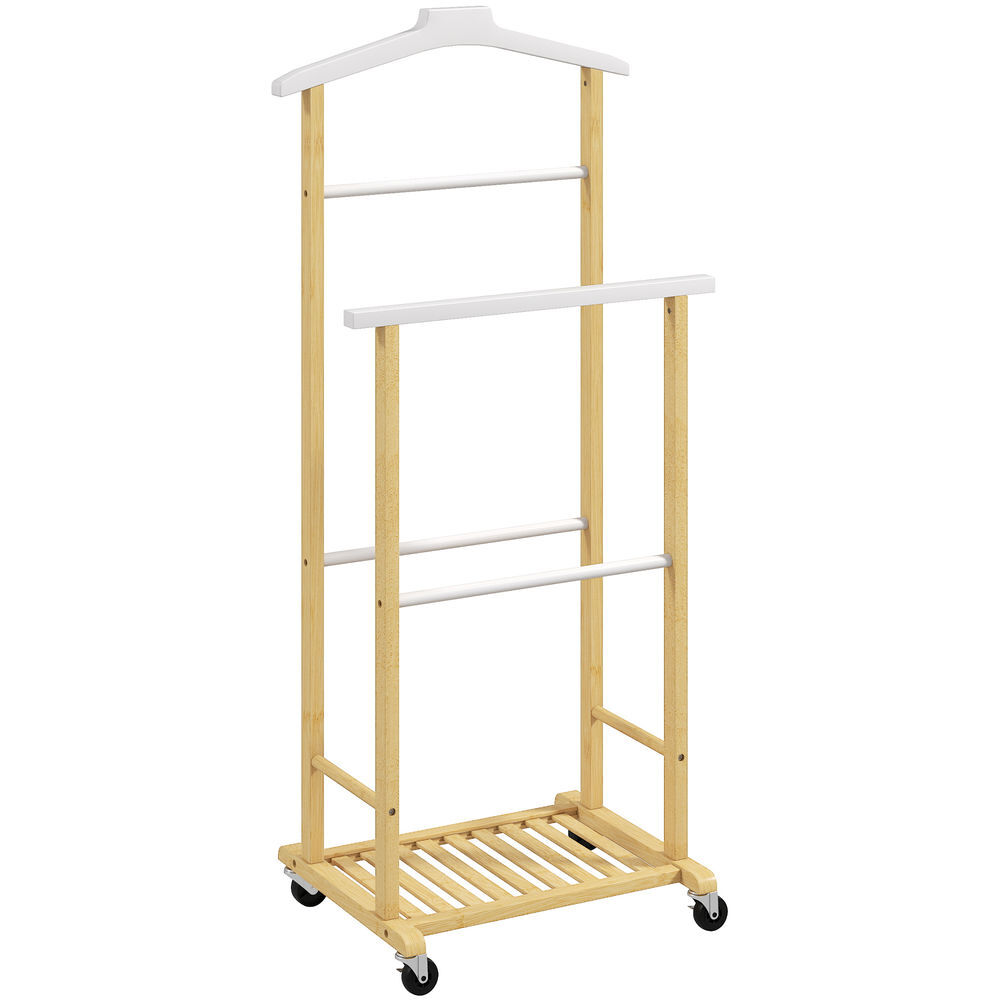 Homcom cabide de pé de bambu com rodas cabide para roupas com barras para calças e prateleira inferior para sapatos estilo nórdico para quarto