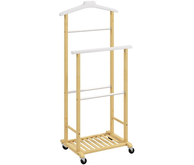 Homcom cabide de pé de bambu com rodas cabide para roupas com barras para calças e prateleira inferior para sapatos estilo nórdico para quarto