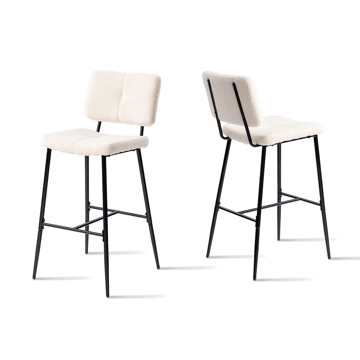 Conjunto de 2 bancos altos de bar estofados em tecido bouclé com pés metálicos pretos com pintura a pó e estrutura kd, design moderno e confortável