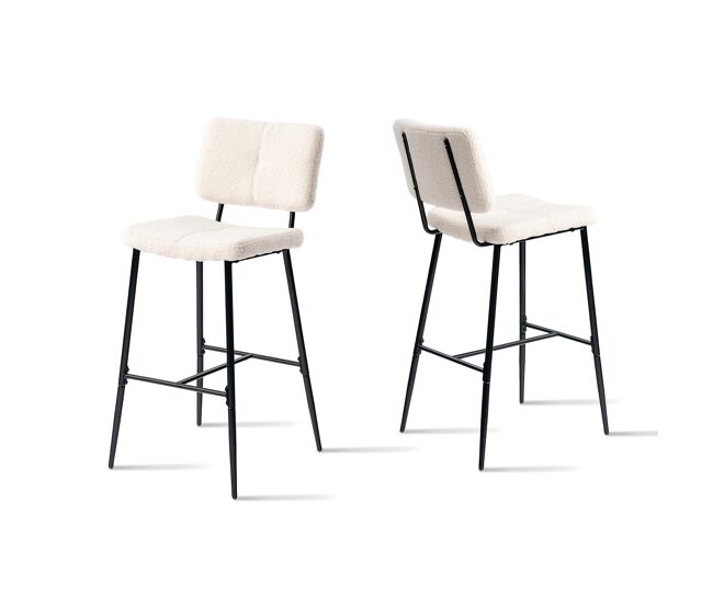 Conjunto de 2 bancos altos de bar estofados em tecido bouclé com pés metálicos pretos com pintura a pó e estrutura kd, design moderno e confortável