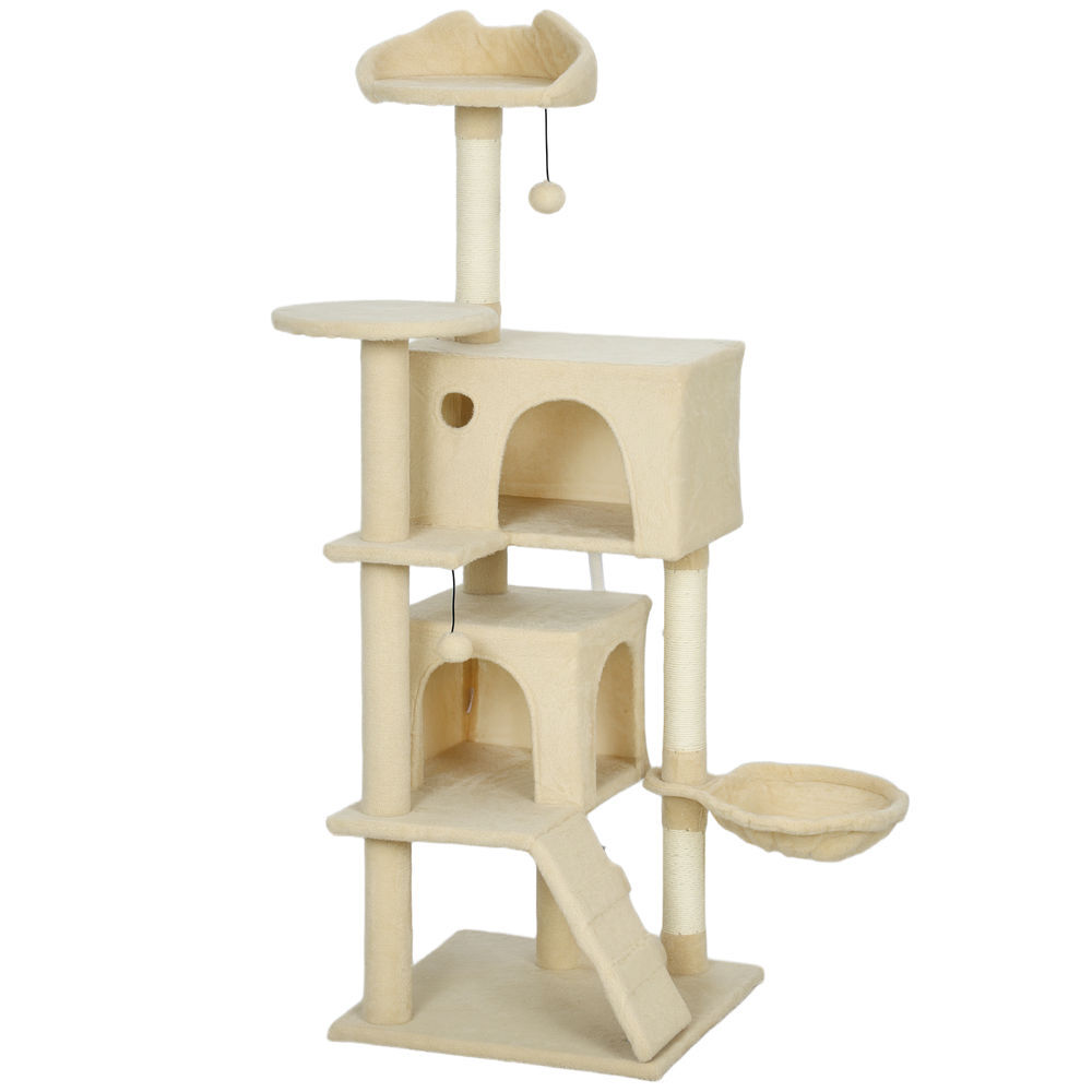 Pawhut arranhador para gatos 140 cm torre de escalada com múltiplas plataformas cama 2 cavernas rede escada postes de sisal bolas para brincar bege