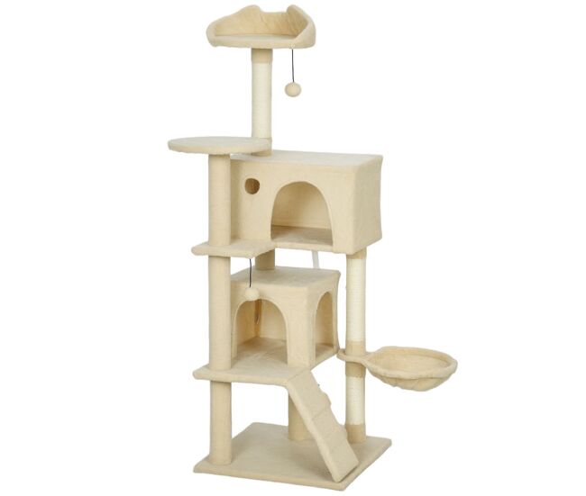 Pawhut arranhador para gatos 140 cm torre de escalada com múltiplas plataformas cama 2 cavernas rede escada postes de sisal bolas para brincar bege