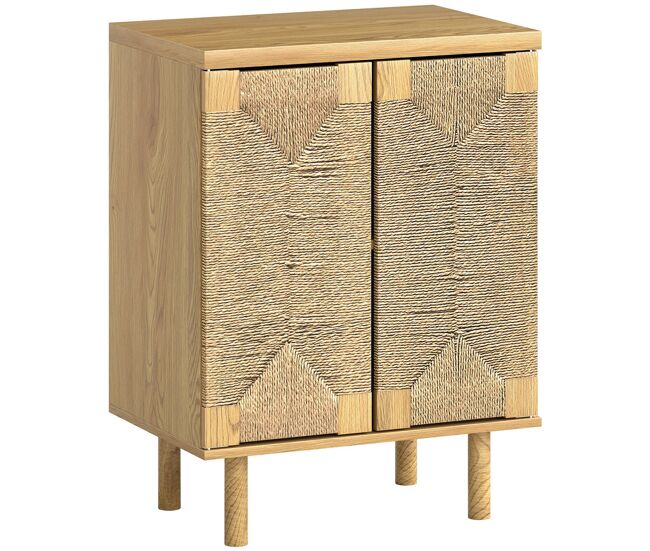 Homcom aparador boémio de 2 portas com corda tecida à mão aparador de sala com étagère ajustável abertura por pressão pés de madeira 60x40x78 cm carvalho