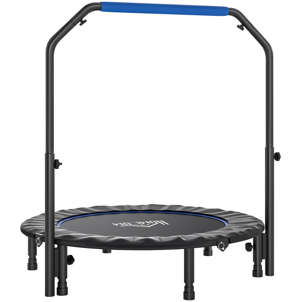 Homcom trampolim fitness ø114 trampolim dobrável com pega ajustável em 4 níveis estrutura de aço para treino de pernas corpo em casa escritório ginásio azul