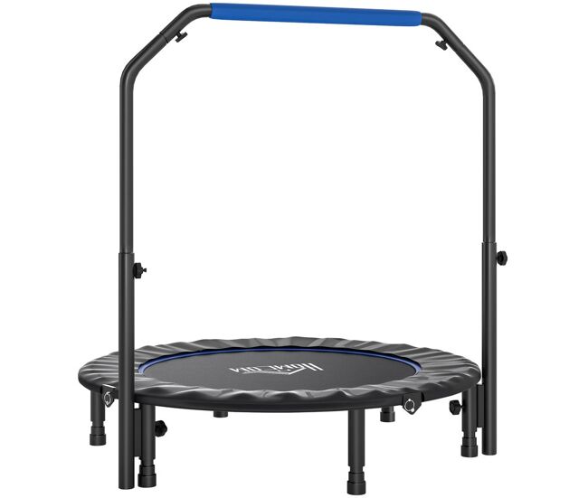 Homcom trampolim fitness ø114 trampolim dobrável com pega ajustável em 4 níveis estrutura de acier para treino de pernas corpo em casa escritório ginásio bleu