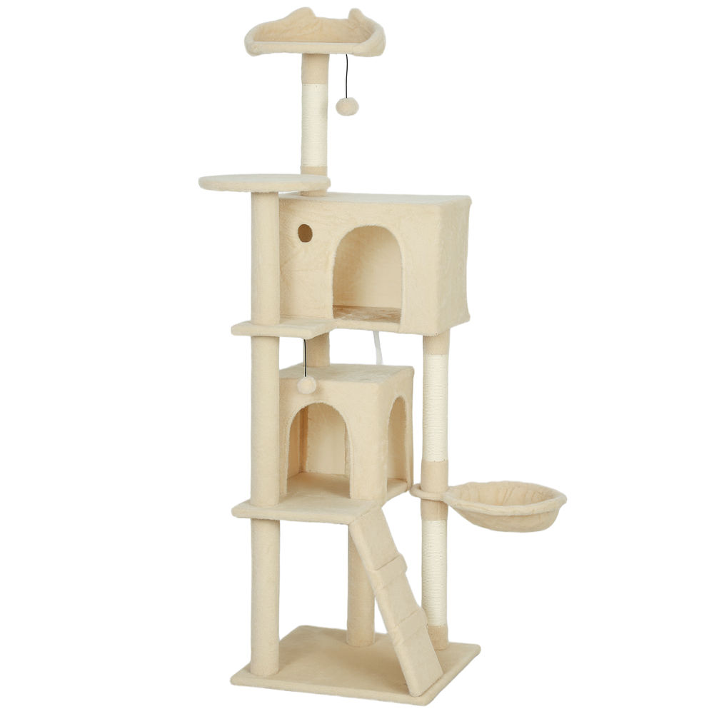 Pawhut arranhador para gatos 160 cm torre de escalada com múltiplas plataformas cama 2 cavernas rede escada postes de sisal bolas para brincar bege