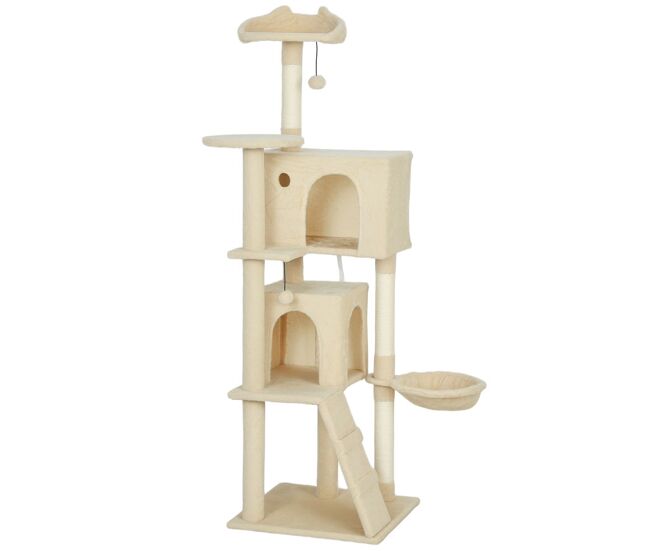 Pawhut arranhador para gatos 160 cm torre de escalada com múltiplas plataformas cama 2 cavernas rede escada postes de sisal bolas para brincar bege