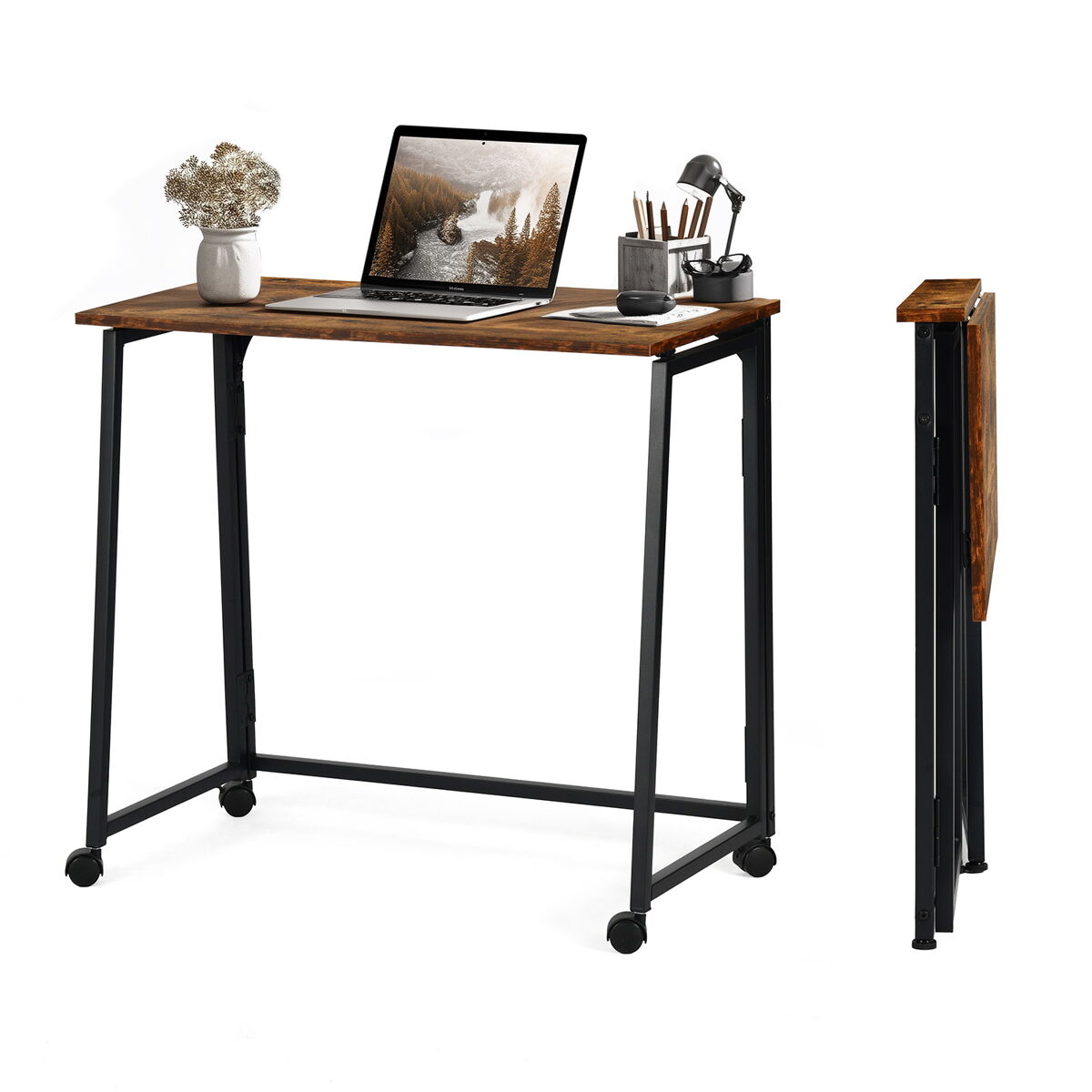 Mesa dobrável multifuncional em estilo industrial com tampo efeito madeira e estrutura metálica preta, ideal como escrivaninha, mesa auxiliar ou de