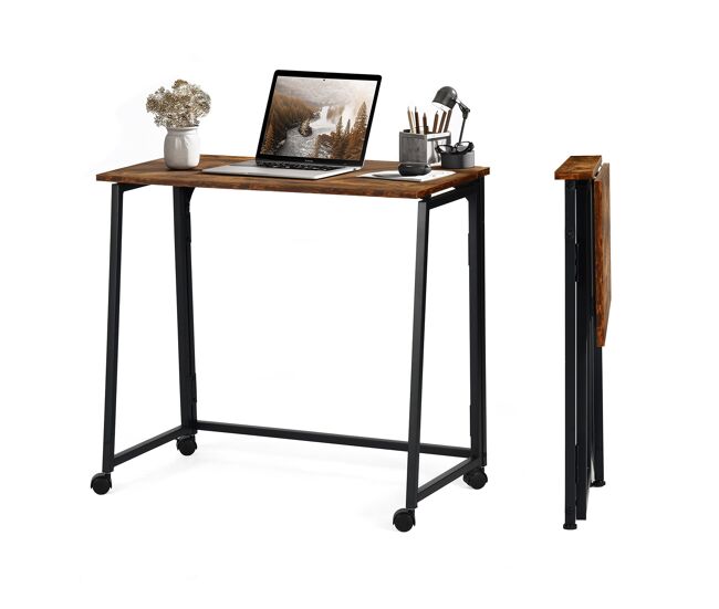 Mesa dobrável multifuncional em estilo industrial com tampo efeito madeira e estrutura metálica preta, ideal como escrivaninha, mesa auxiliar ou de