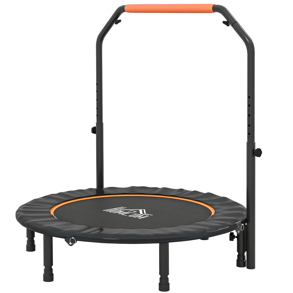 Homcom trampolim fitness ø114 trampolim dobrável com pega ajustável em 4 níveis estrutura de aço para treino de pernas corpo em casa escritório ginásio preto e laranja