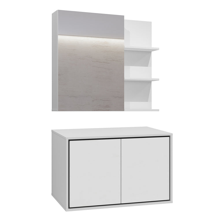 Conjunto móvel sob lavatório 80cm e roupeiro espelho sophéa blanc