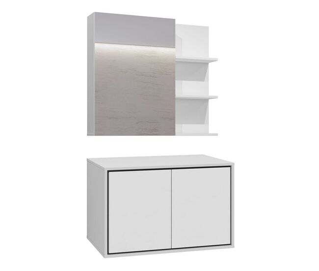 Conjunto móvel sob lavatório 80cm e roupeiro espelho sophéa blanc