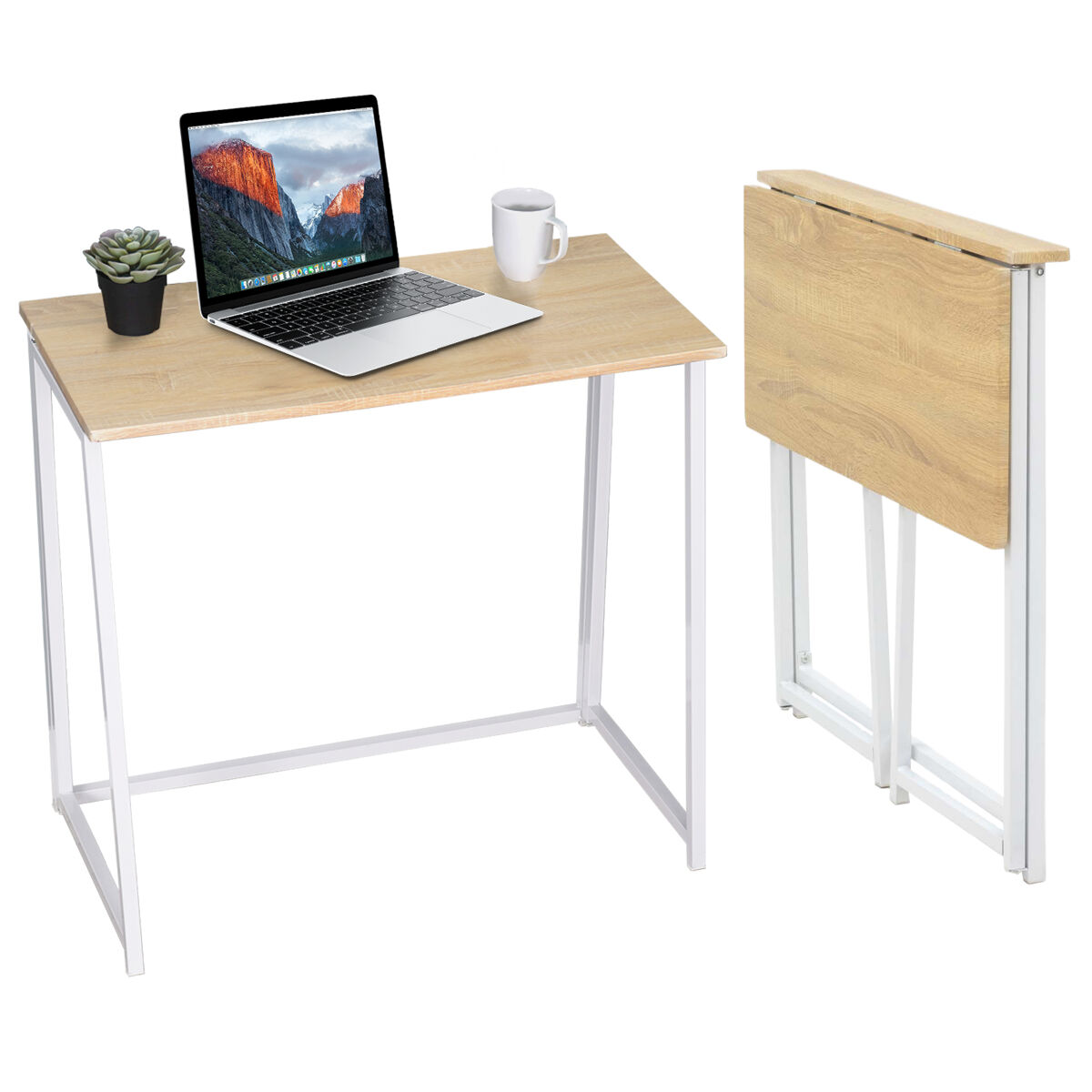 Mesa dobrável de metal com tampo em madeira cor carvalho claro estilo moderno ideal para escritório ou espaços pequenos, mesa de computador funcional e compacta