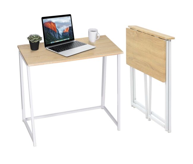 Mesa dobrável de metal com tampo em madeira cor carvalho claro estilo moderno ideal para escritório ou espaços pequenos, mesa de computador funcional e compacta