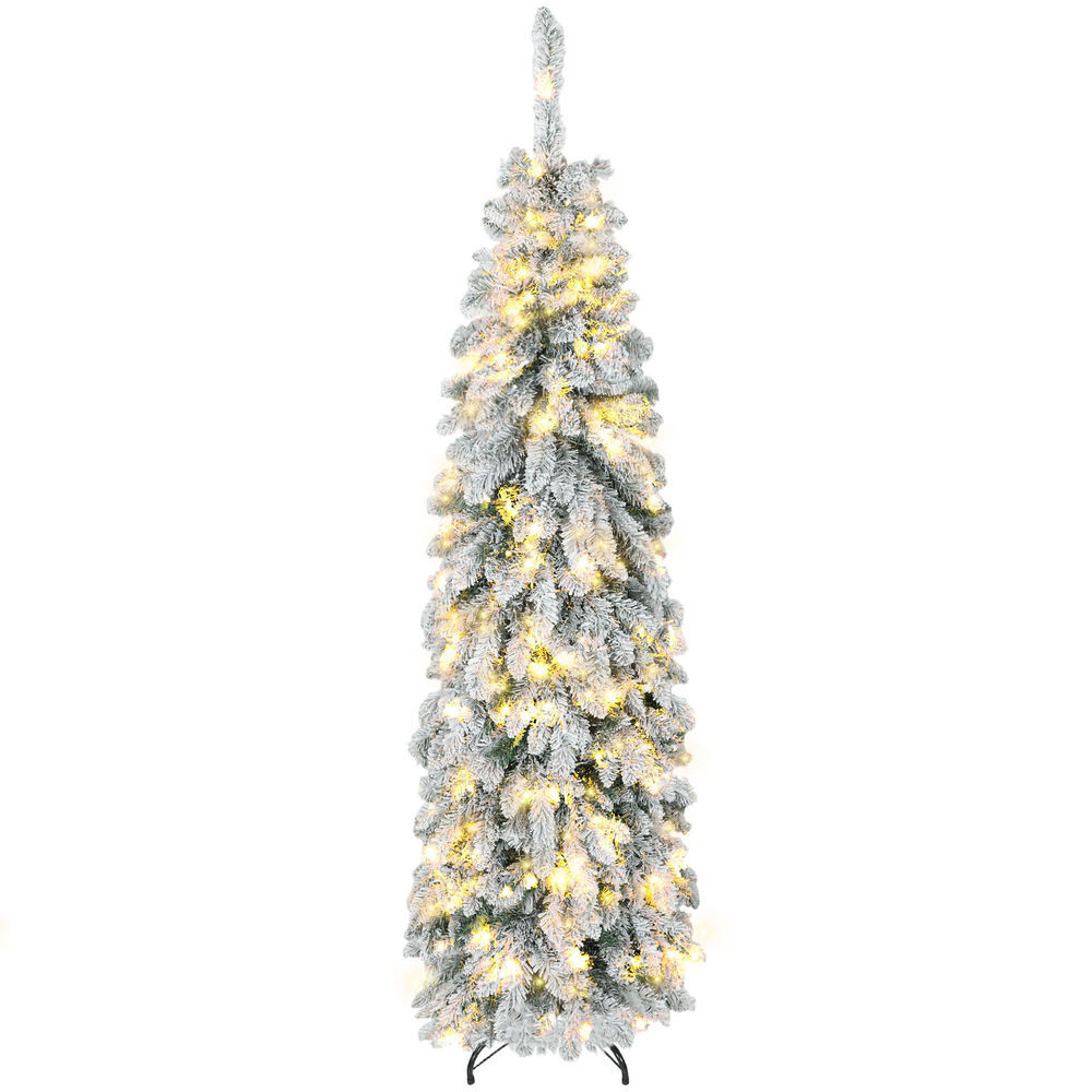 Homcom árvore de natal estreita 180 cm árvore de natal nevada com luzes led bicolores temporizador 11 modos de iluminação 540 ramos suporte em acier montagem fácil verde