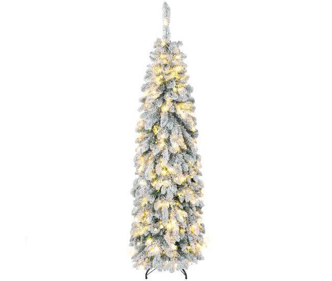 Homcom árvore de natal estreita 180 cm árvore de natal nevada com luzes led bicolores temporizador 11 modos de iluminação 540 ramos suporte em acier montagem fácil verde