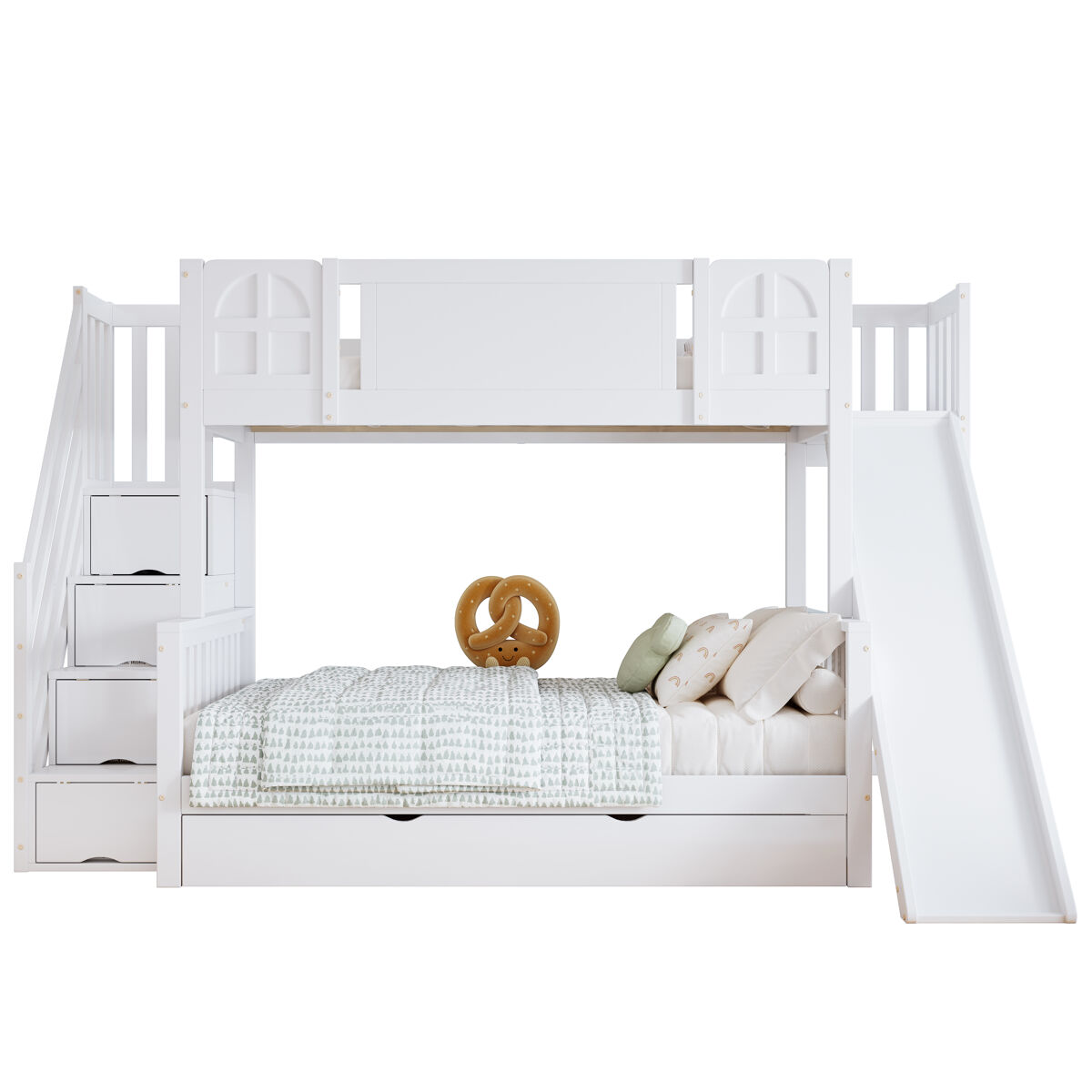 Beliche 90x200 cm - com janela, escorregador, gavetas com rodinhas, escada com corrimão e 4 compartimentos - branco