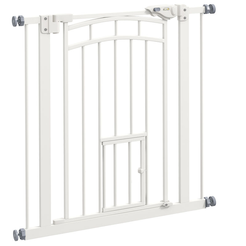 Pawhut barreira de segurança para cães 74-80 cm para portas e escadas porta de segurança para animais com montagem a pressão e duplo bloqueio branco