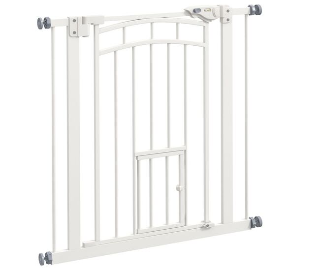 Pawhut barreira de segurança para cães 74-80 cm para portas e escadas porta de segurança para animais com montagem a pressão e duplo bloqueio branco