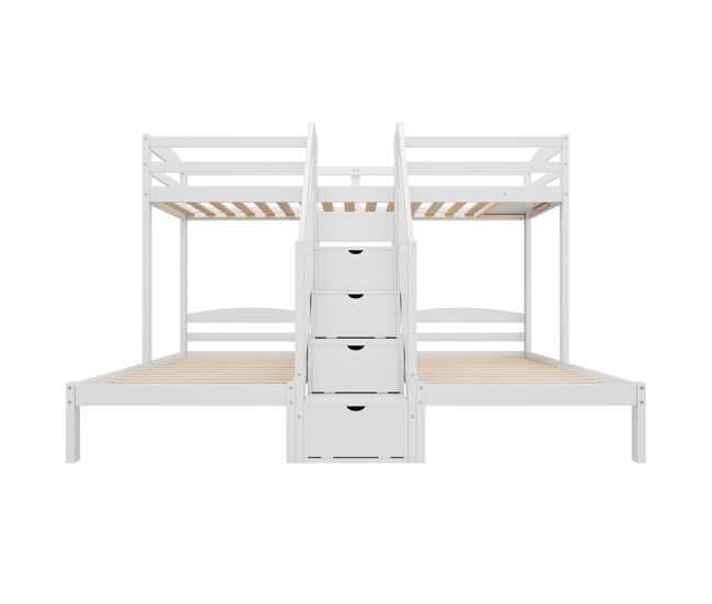 Cama alta 90x200cm - 3 camas, madeira de pinho, escada com gavetas, corrimão, certificado en 747 - branco
