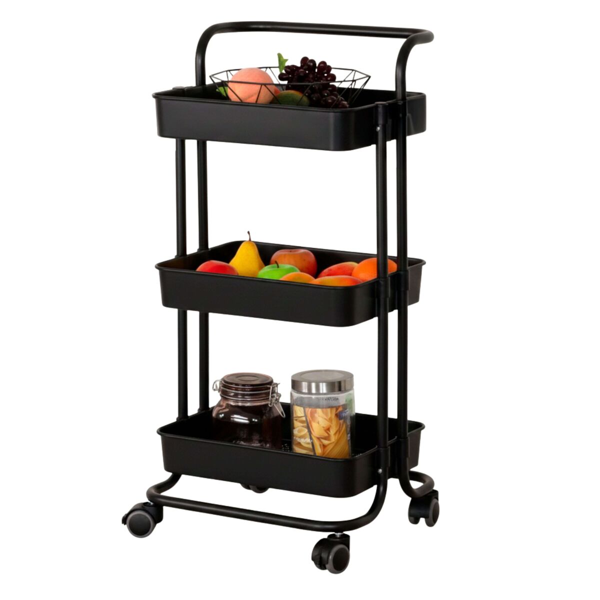 Carrinho de cozinha de metal com prateleiras, preto, 42x85x38 cm