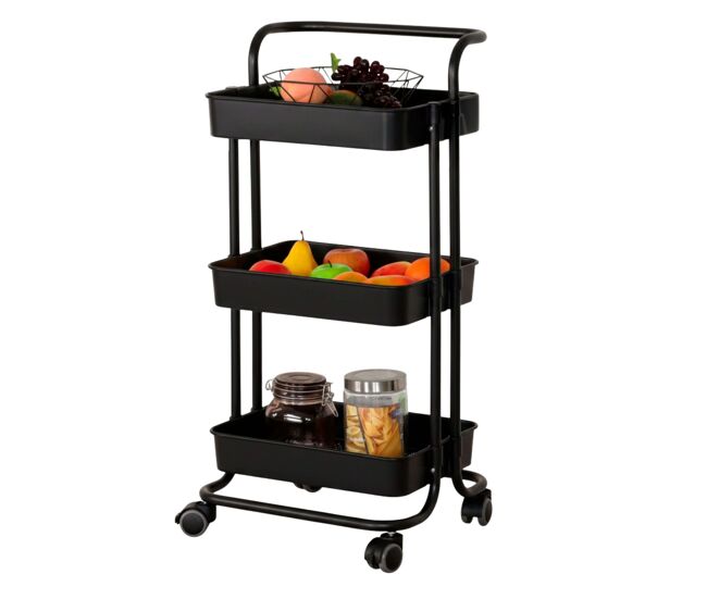 Carrinho de cozinha de metal com prateleiras, preto, 42x85x38 cm