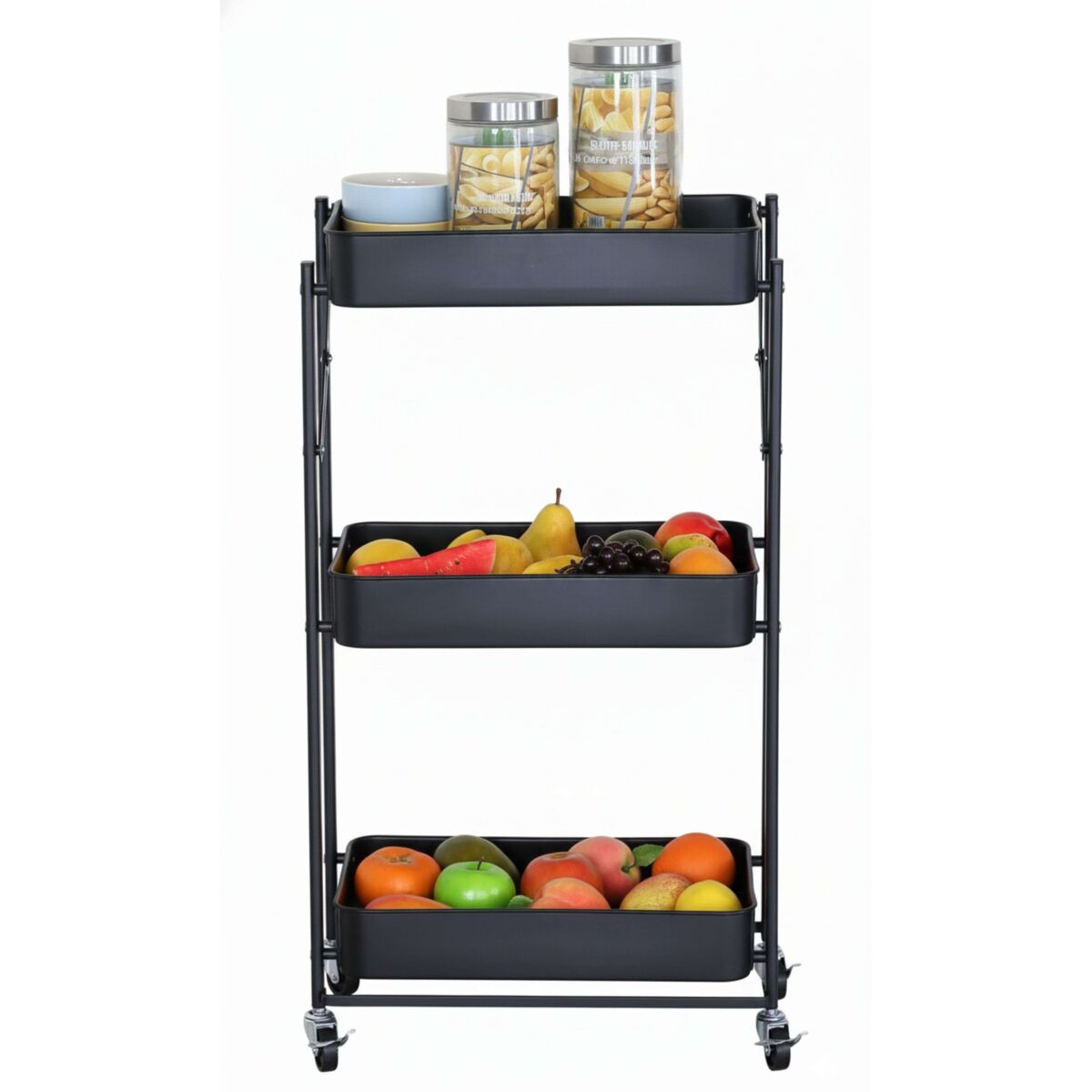 Carrinho de frutas dobrável para cozinha lida em carvalho preto cambriano com 3 prateleiras e 3 cestos de metal 45x77x29 cm