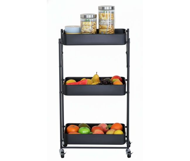 Carrinho de frutas dobrável para cozinha lida em carvalho preto cambriano com 3 prateleiras e 3 cestos de metal 45x77x29 cm