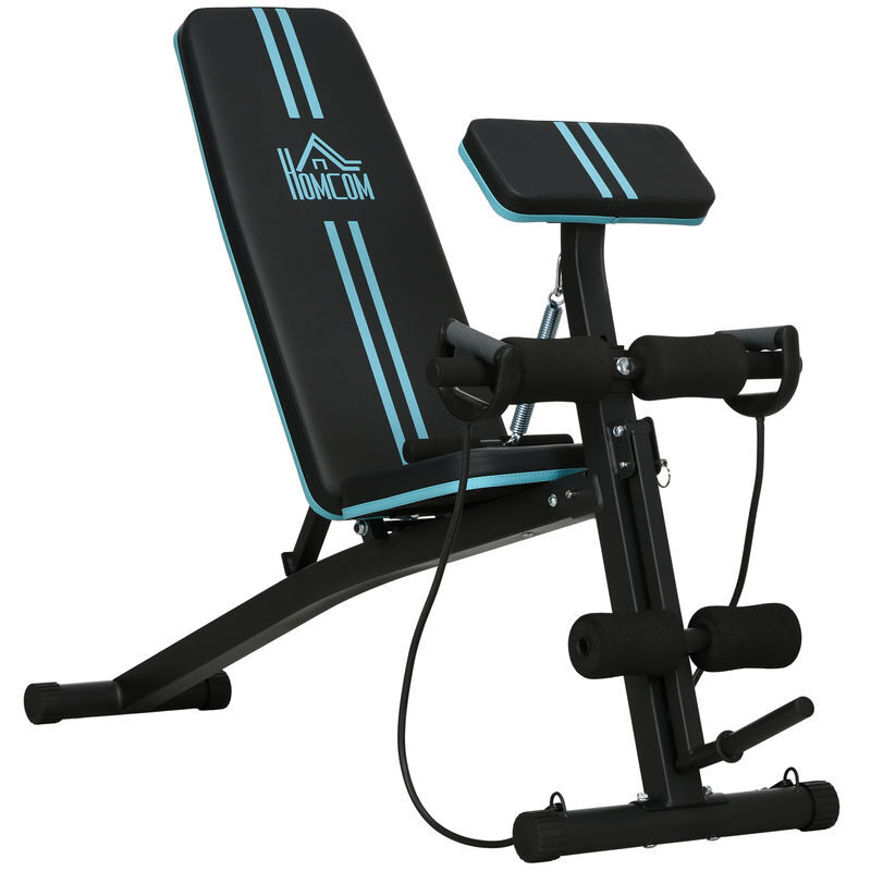 Homcom banco de musculação com encosto ajustável em 7 posições extensão de pernas apoio para bíceps e banda de resistência para treino completo em