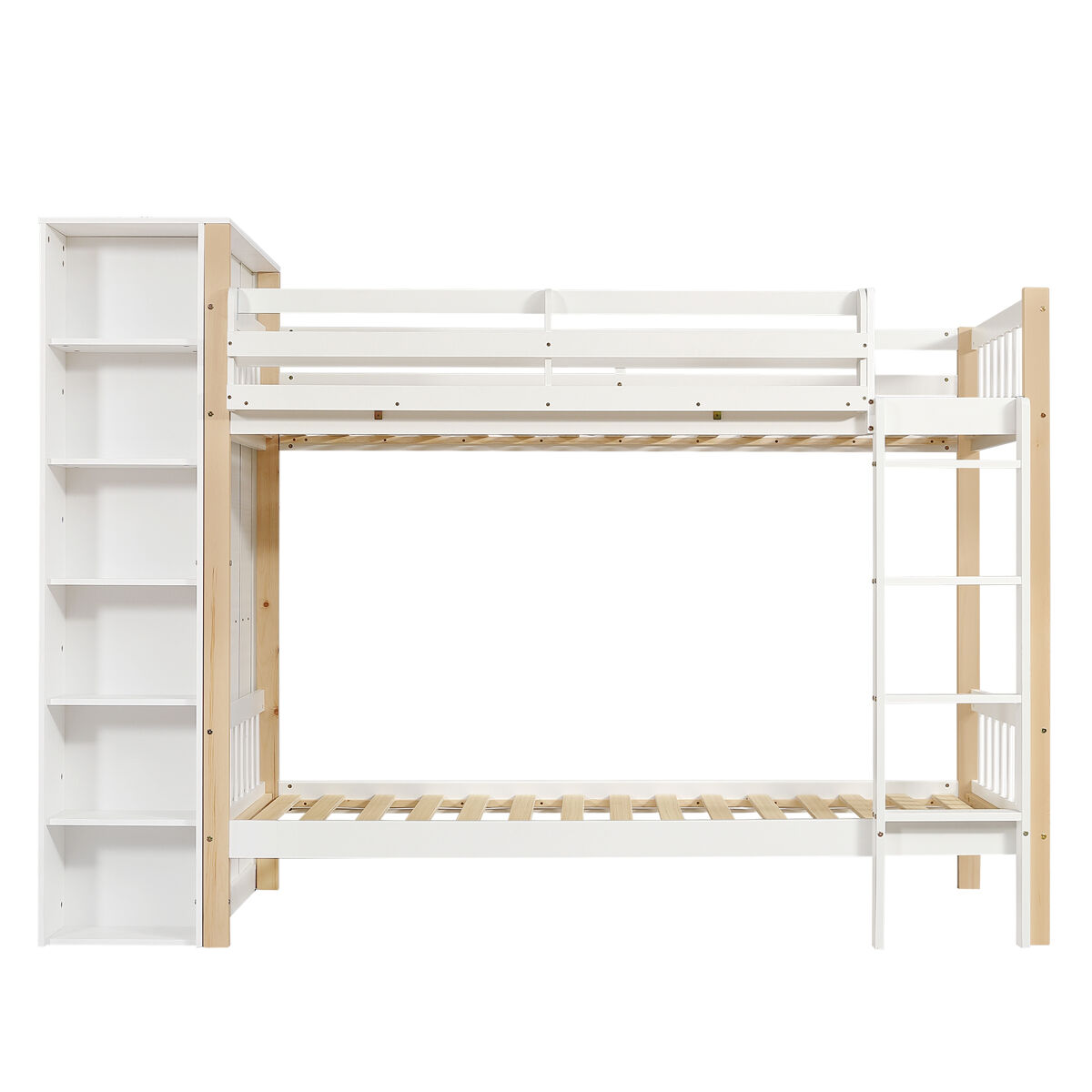 Beliche infantil 90x200cm - com proteção contra quedas e barreira, com escada de 4 degraus, 6 prateleiras abertas, armário lateral - branco+natural