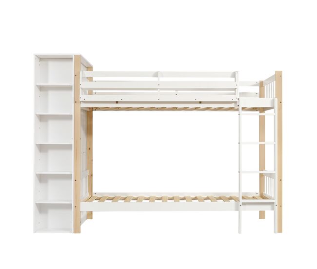 Beliche infantil 90x200cm - com proteção contra quedas e barreira, com escada de 4 degraus, 6 prateleiras abertas, armário lateral - branco+natural