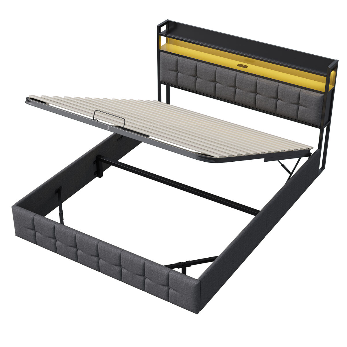 Cama com LED RGB, USB-C, depósito gás, tecido linho
