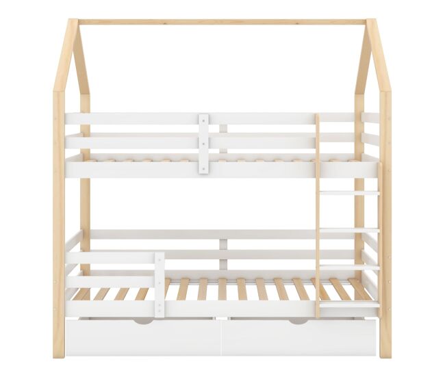 Cama infantil 90x200 - cama em forma de casa com gavetas grandes, dupla, sem colchão - branco+madeira