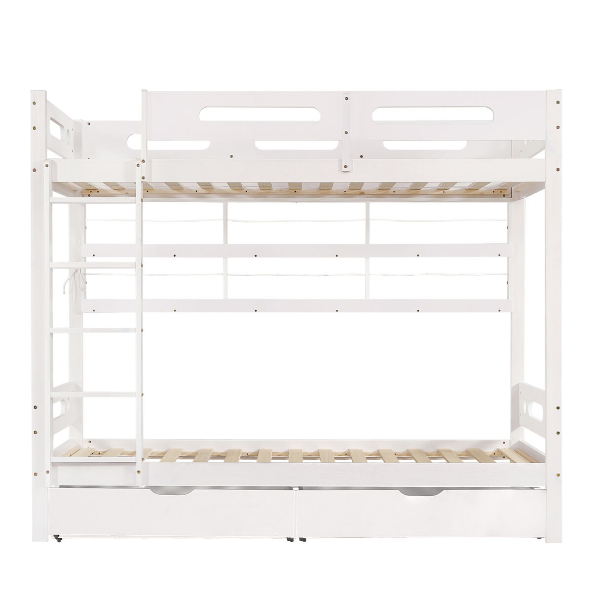 Cama beliche infantil 90x200 - com grade de segurança, 2 gavetas, estante aberta, escada de 5 degraus, grande espaço de armazenamento - branco