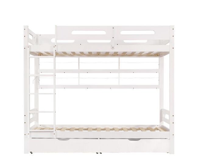 Cama beliche infantil 90x200 - com grade de segurança, 2 gavetas, estante aberta, escada de 5 degraus, grande espaço de armazenamento - branco