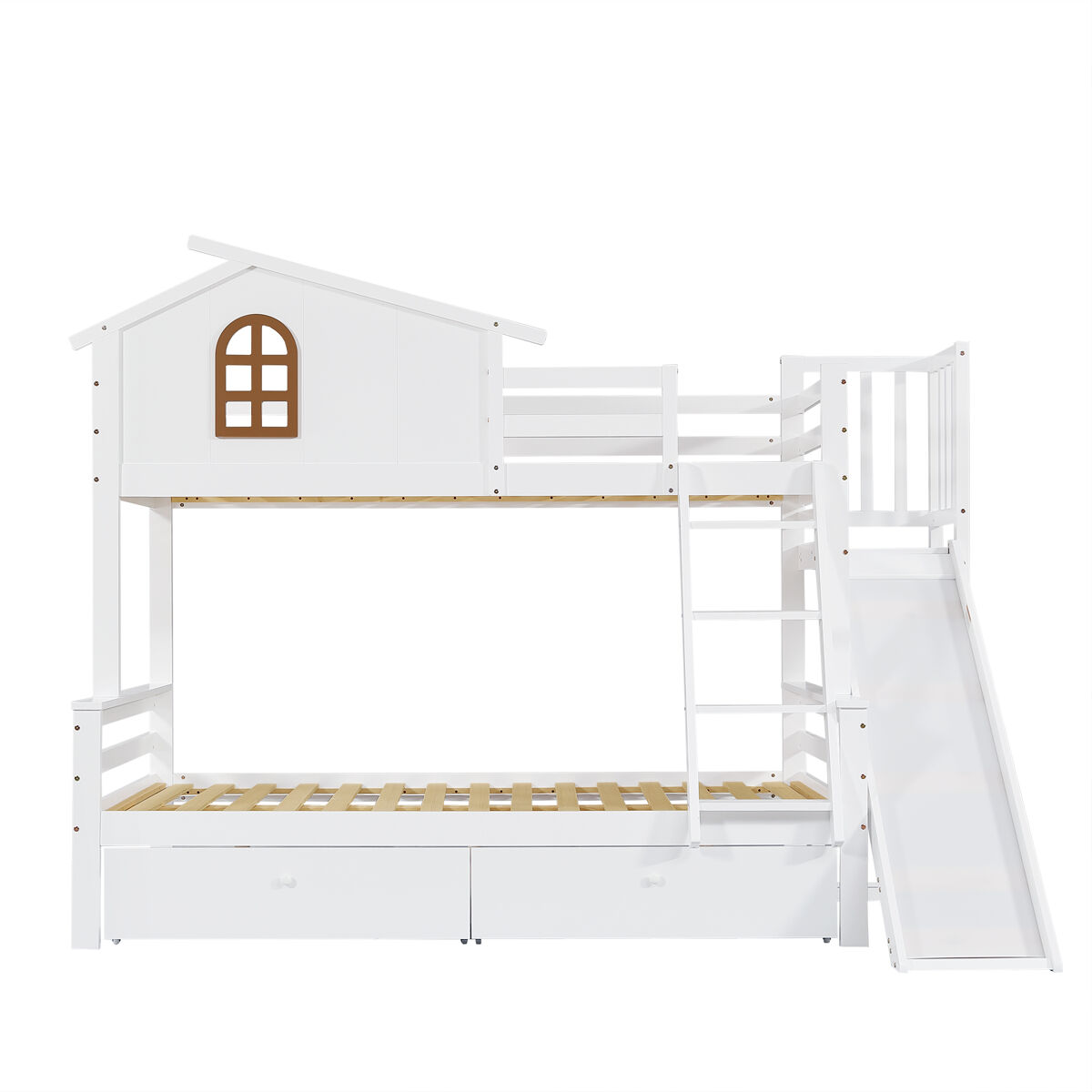 Beliche + cama individual 90x200 e 120x200 - janelas decorativas, escada inclinada de 4 níveis, cama para crianças e adultos com escorregador, 2