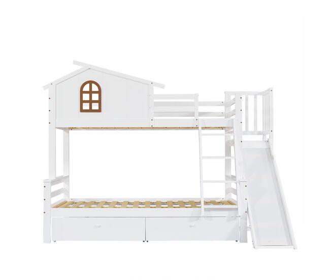 Beliche + cama individual 90x200 e 120x200 - janelas decorativas, escada inclinada de 4 níveis, cama para crianças e adultos com escorregador, 2