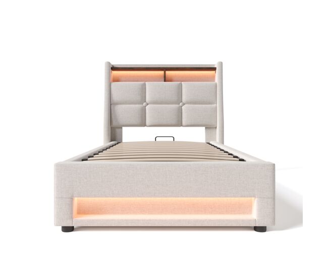 Cama estofada 90x200 - cama led com usb, estrutura metálica, com estrado, material de linho, para jovens - bege