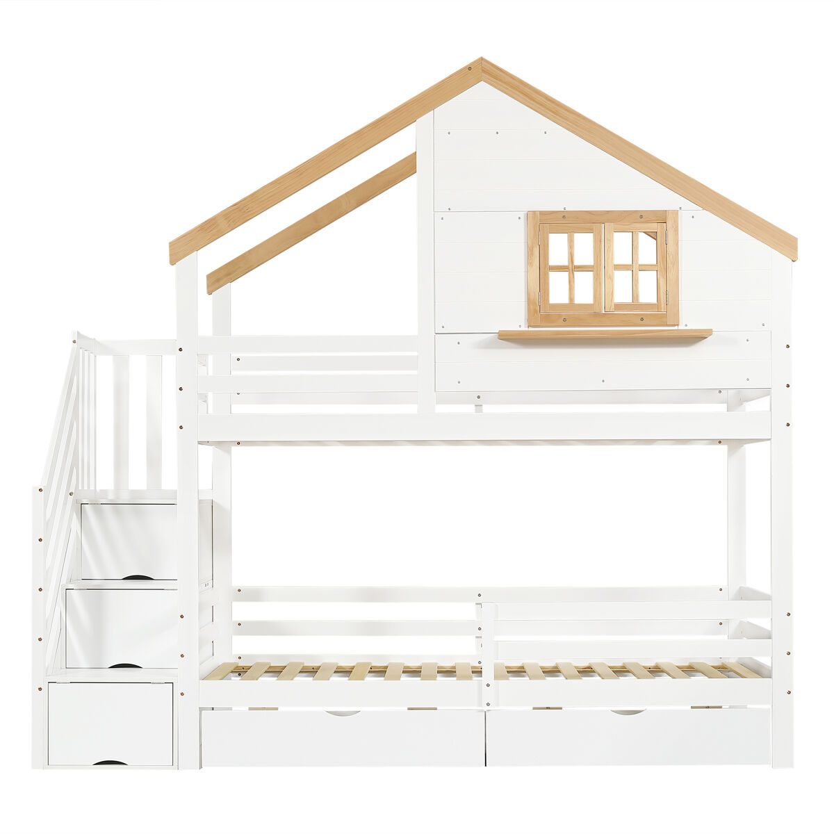 Beliche infantil 90x200 - casinha com janela, escadas com arrumação, espaço debaixo do colchão - branco+natural