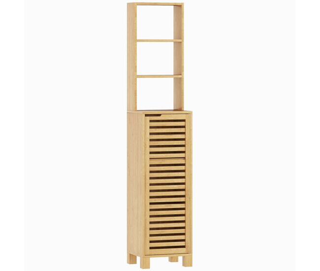 Homcom coluna casa de banho de bambu armário alto e estreito para casa de banho com 3 prateleiras abertas portas de ripas prateleiras ajustáveis