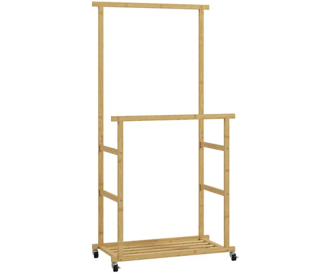 Homcom charriot com rodas de bambu charriot de roupa com sapateira 2 barras para pendurar para entrada corredor quarto 80x40x160 cm madeira