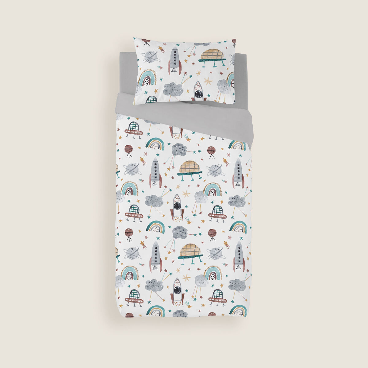 Naturals - Capa De Edredão Estampada Infantil Cama 105 - Algodão Extra Macio - Inclui 1 Fronha - Rocket Multicor