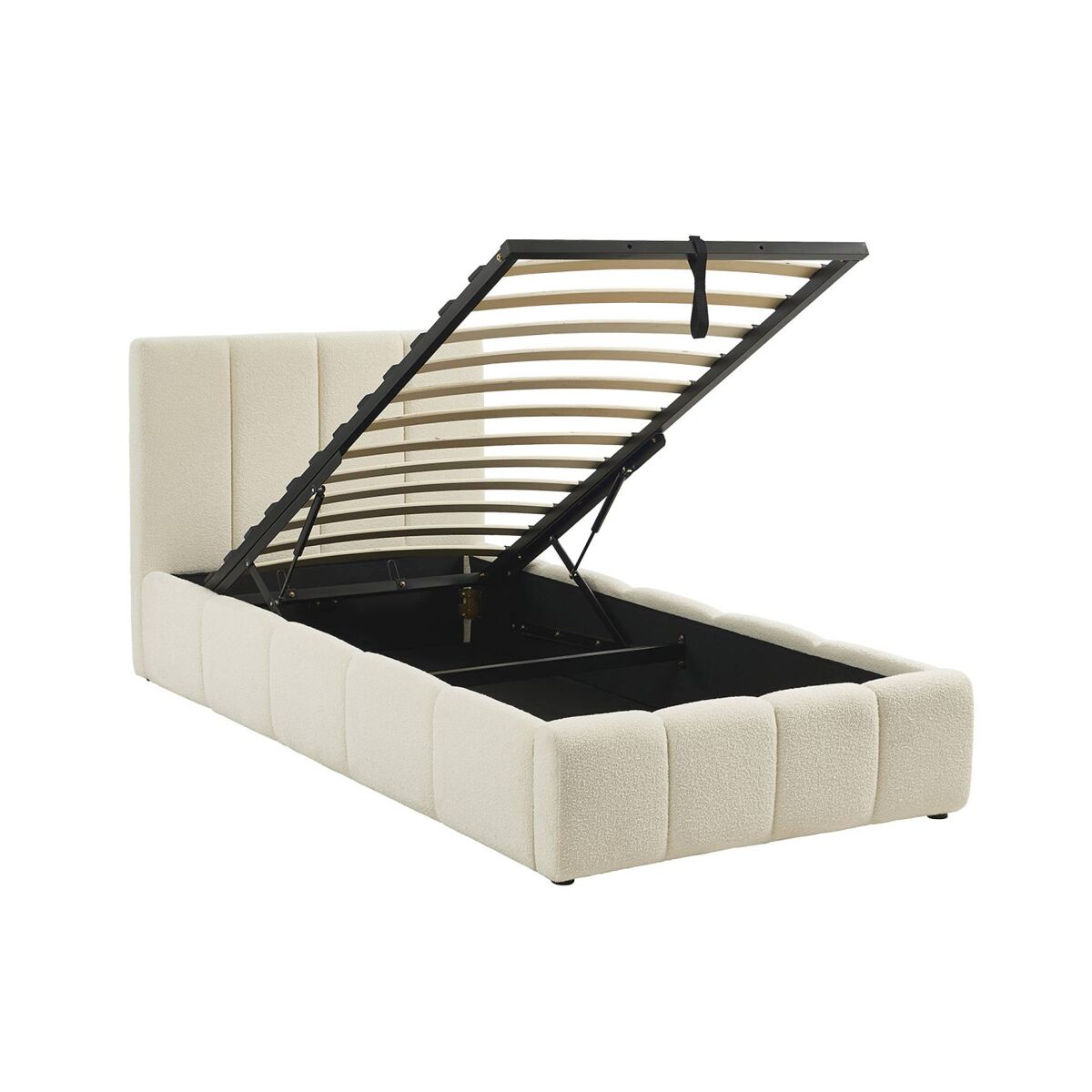 Cama baú com estrado de ripas e cabeceira 90cm, acabamento boucle, lex, branco, 211x105x91 cm