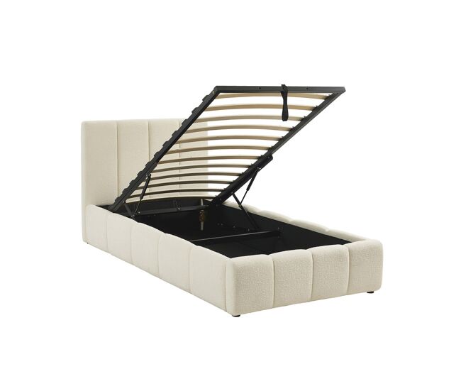 Cama baú com estrado de ripas e cabeceira 90cm, acabamento boucle, lex, branco, 211x105x91 cm
