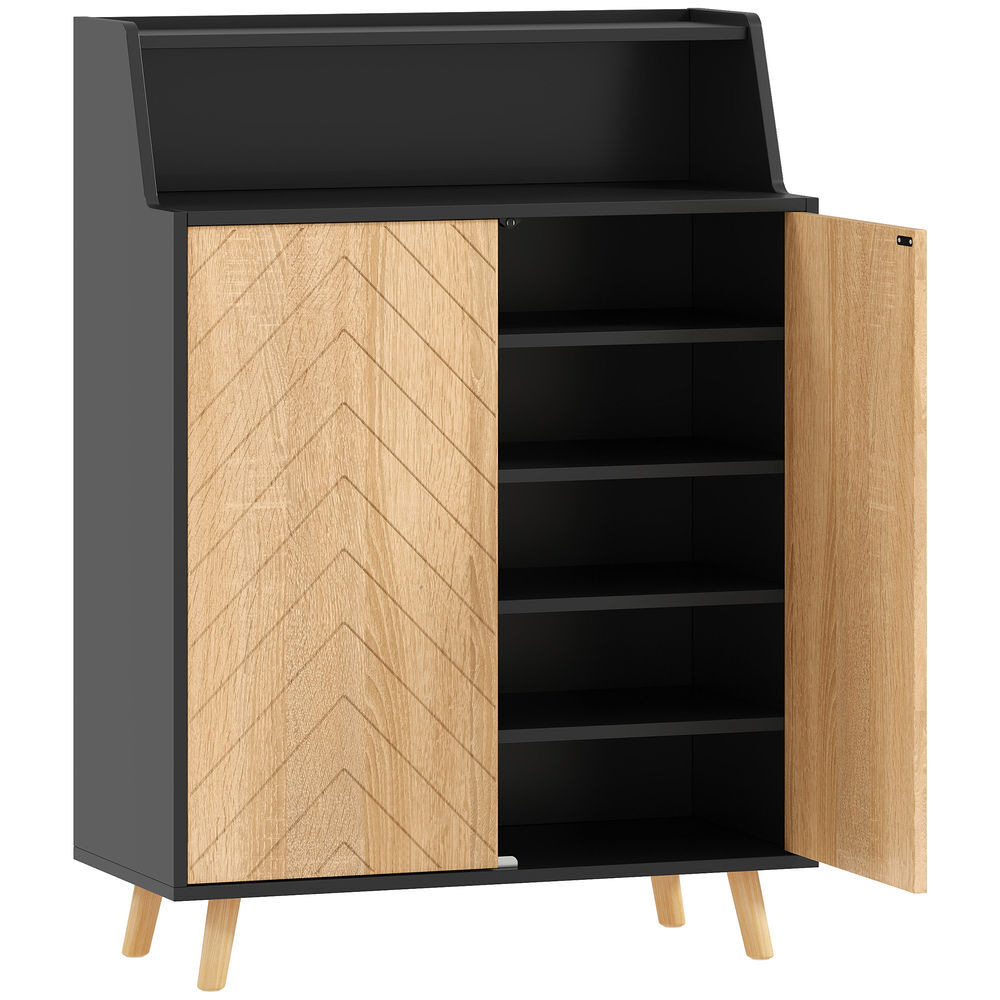 Homcom sapateira de 2 portas sapateira para entrada com étagères ajustáveis compartimento aberto e pés em madeira para 15 pares de sapatos 75x35x104 cm noir e madeira