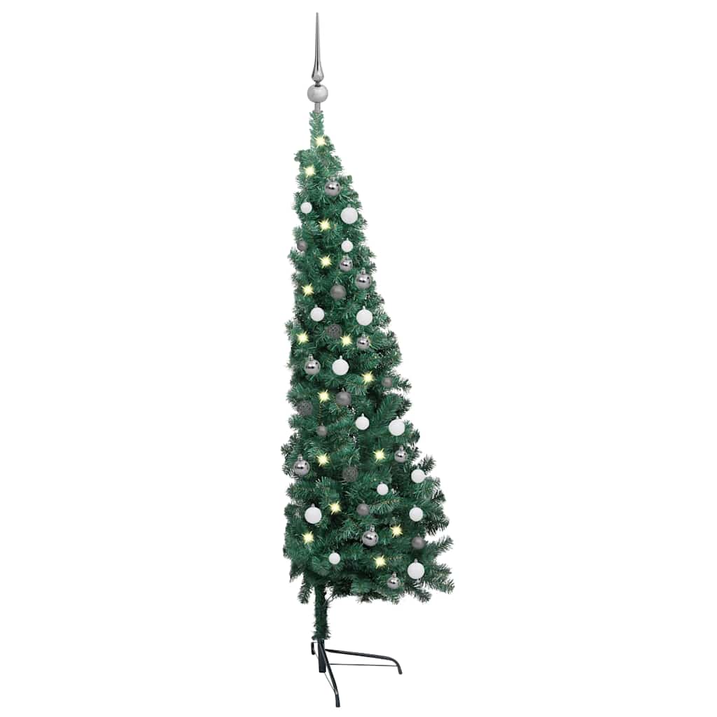 Meia árvore natal artificial pré-iluminada c/ bolas verde