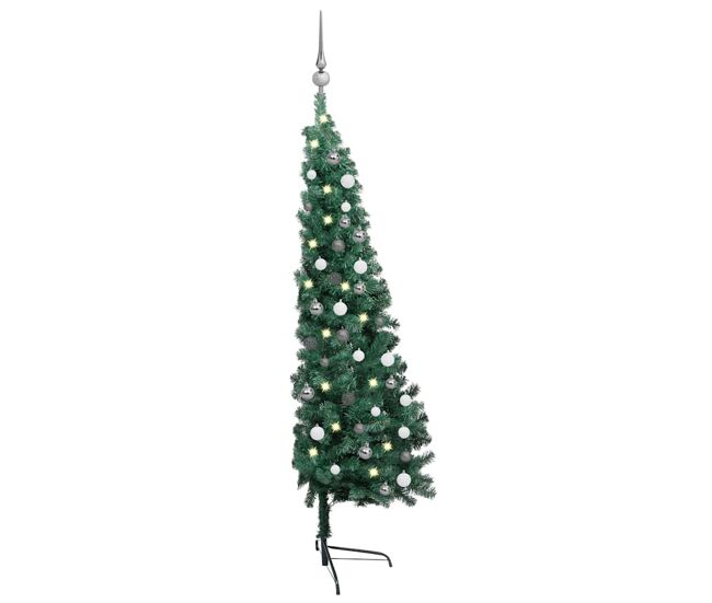 Meia árvore natal artificial pré-iluminada c/ bolas verde