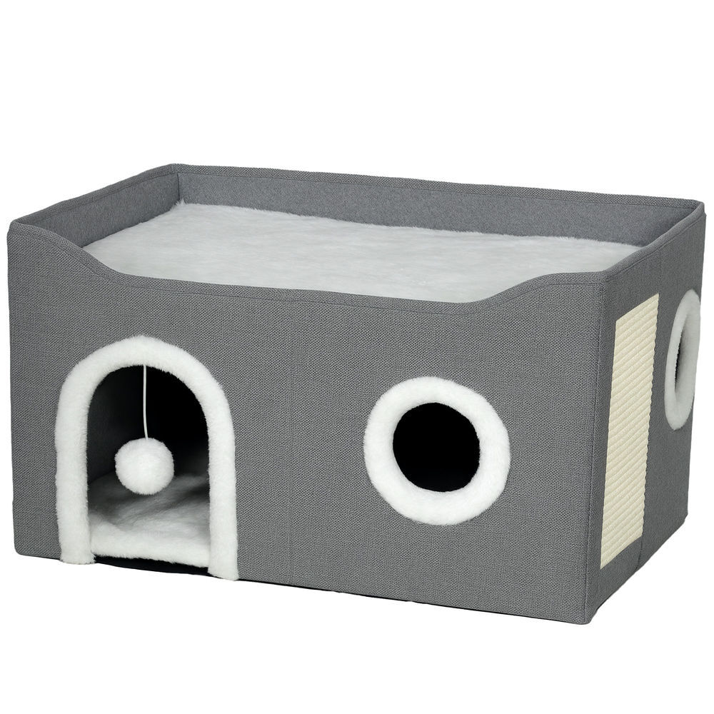 Pawhut casa dobrável para gatos, cama para gatos com arranhador, 3 entradas, bola suspensa, almofada reversível em pelúcia e tipo linho, para interior