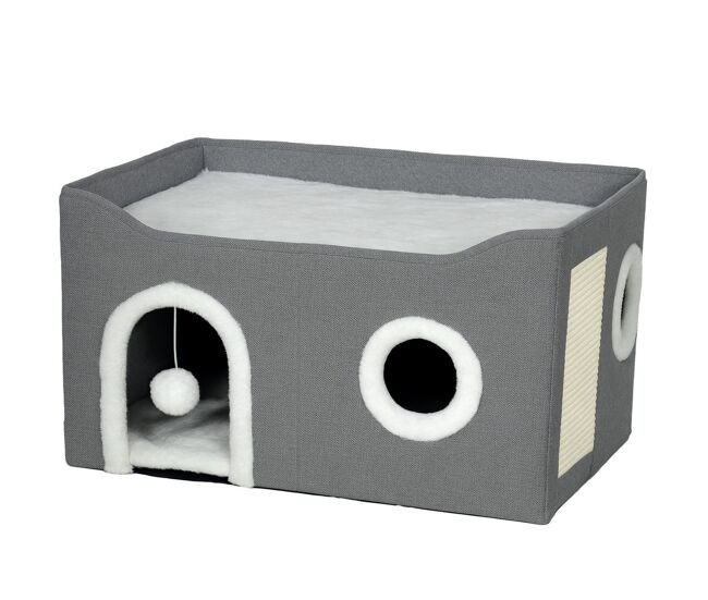Pawhut casa dobrável para gatos, cama para gatos com arranhador, 3 entradas, bola suspensa, almofada reversível em pelúcia e tipo linho, para interior